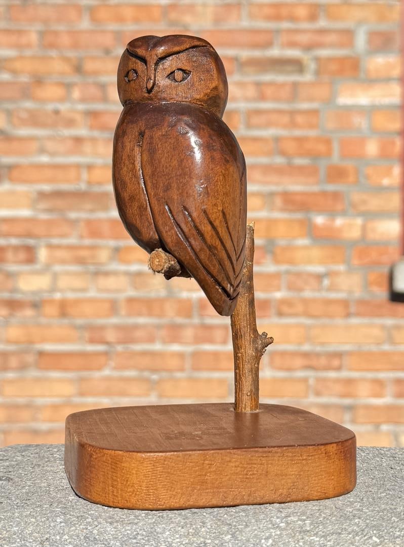 Folk Art Carved Wood Owl on Perch: 6 5/8" by 4 1/4" by 4 1/4"