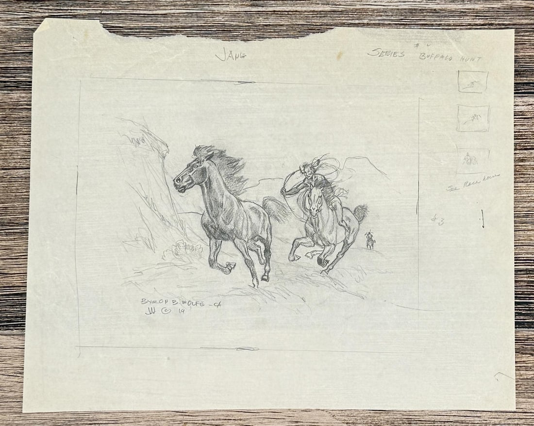 Byron Wolfe Indian Lassoing a Horse Drawing (1 of 5)