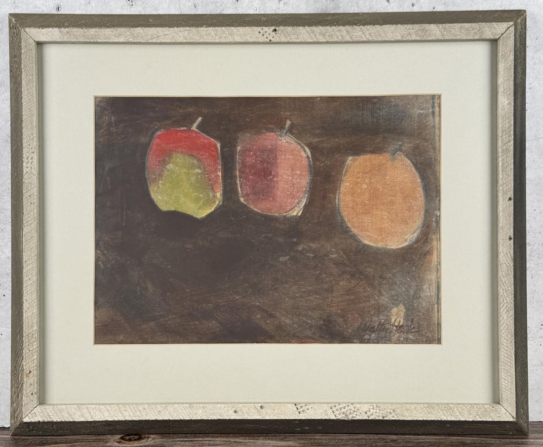 Walter Hook Fruit Still Life Gouache Painting: Title is Fruit Still Life. 10" by 15" unframed. 18" by 22" framed. Gouache on Paper. Walter Hook (1919 - 1989) was active/lived in Montana. Walter Hook is known for Post-war surrealist painting, sculp