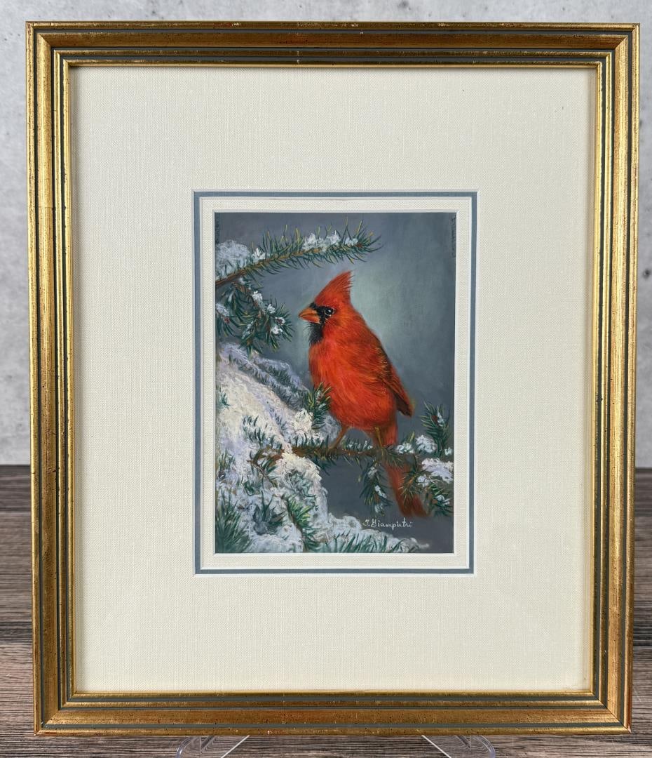Thelma Giampietri Winter Cardinal Gouache Painting: 5" by 7" unframed. 11 1/2" by 13 1/2" framed. Gouache on Paper.