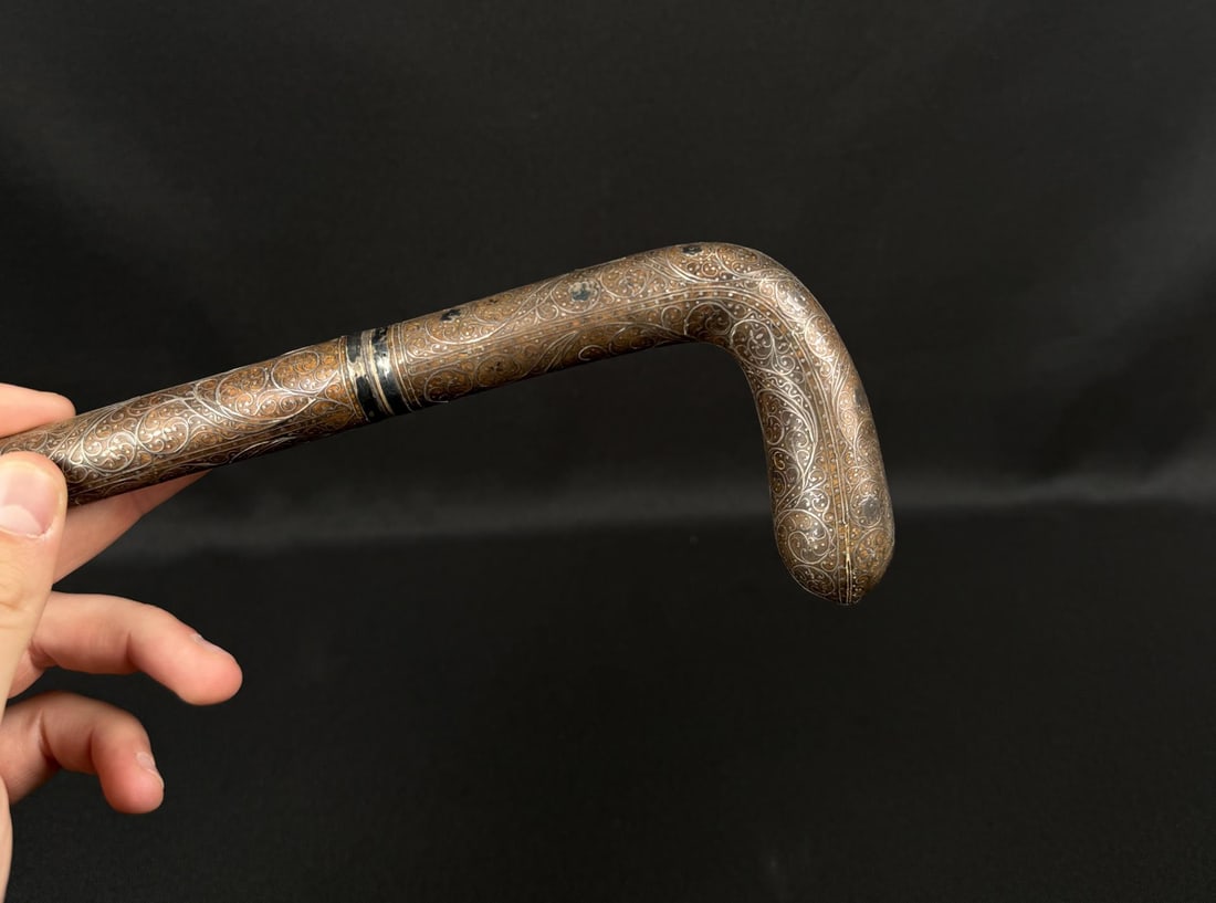 Mughal India Silver Inlaid Blackthorn Cane: Unusual and exceptionally well inlaid. 36 1/2" long.