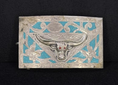 Sterling Turquoise Inlaid Cowboy Belt Buckle
