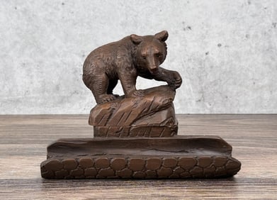 Black Forest German Carved Bear Inkwell Pen Stand