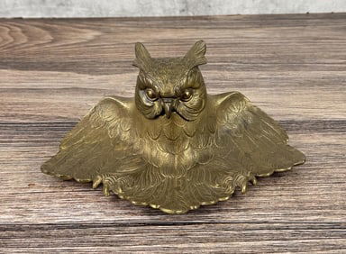 Judd Bronze Arts & Crafts Owl Inkwell Pen Tray