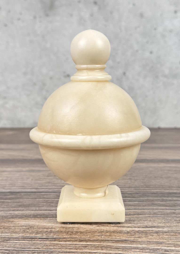 Spanish Alabaster Box: 6 1/2" tall, 4 1/4" diameter.