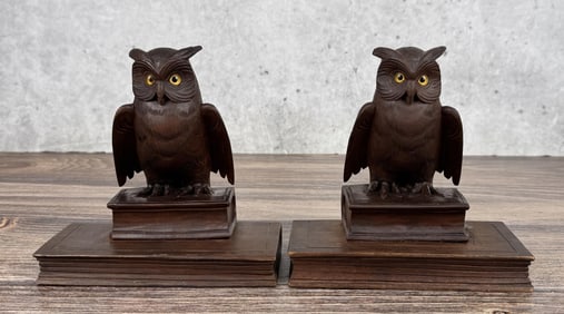 Black Forest German Carved Wood Owl Bookends