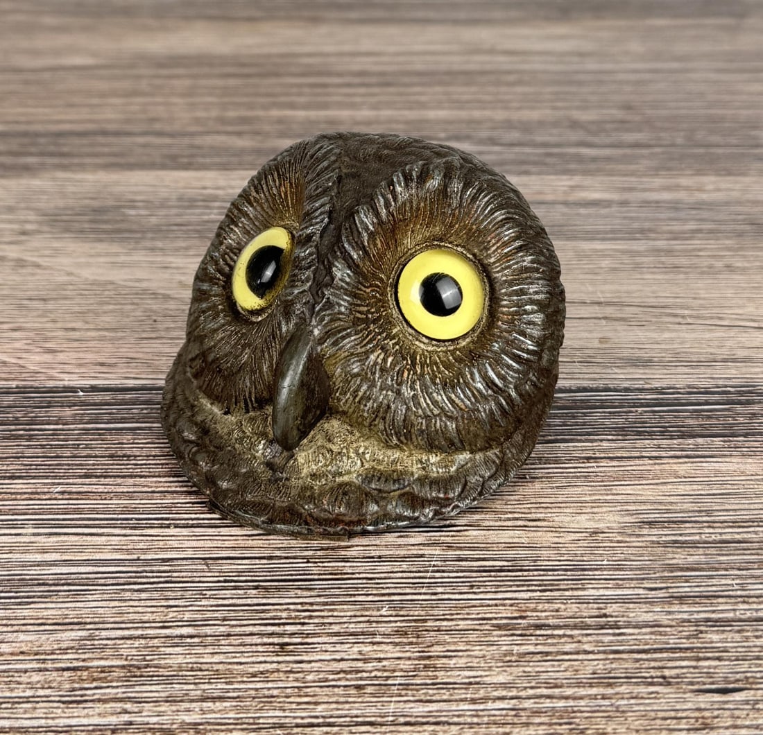 Cold Painted Owl Head Cast Iron Paper Clip: 3 1/2" diameter, 2 1/4" tall.