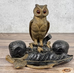 Black Forest German Carved Owl Inkwell Pen Stand