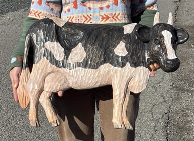 Signed Folk Art Holstein Bull Wood Cow Carving