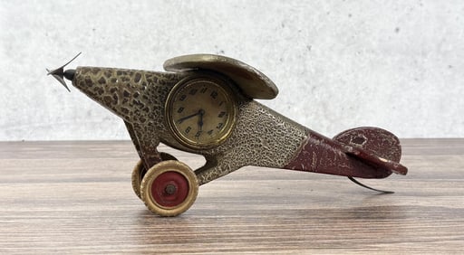 Folk Art Carved Wood Airplane Clock