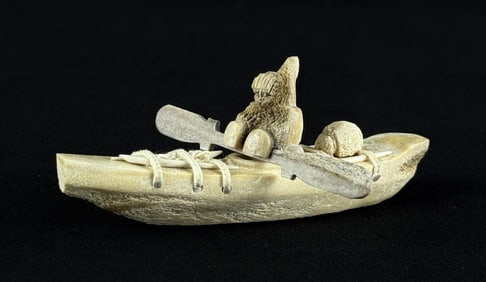 Danny Etooangat Man in Canoe Inuit Carving