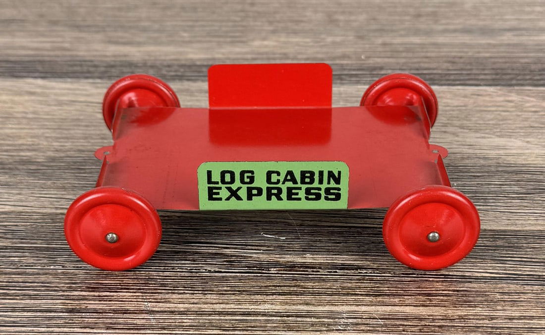 Log Cabin Express Syrup Tin Pull Toy: 5 1/2" by 4 1/8" by 1 1/2".