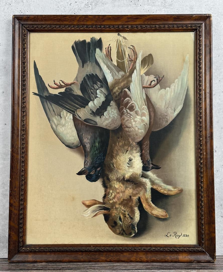 Henri LeRoy Hanging Game Lithograph: 18 1/2" by 22 1/2" framed.