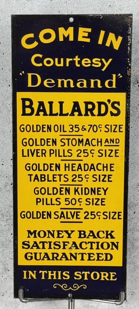 Demand Ballard's Golden Remedies Door Push Sign: 9 7/8" by 4". Scarce Original Drug Store Sign.