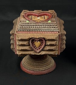 Outstanding Folk Tramp Art Heart Jewelry Box