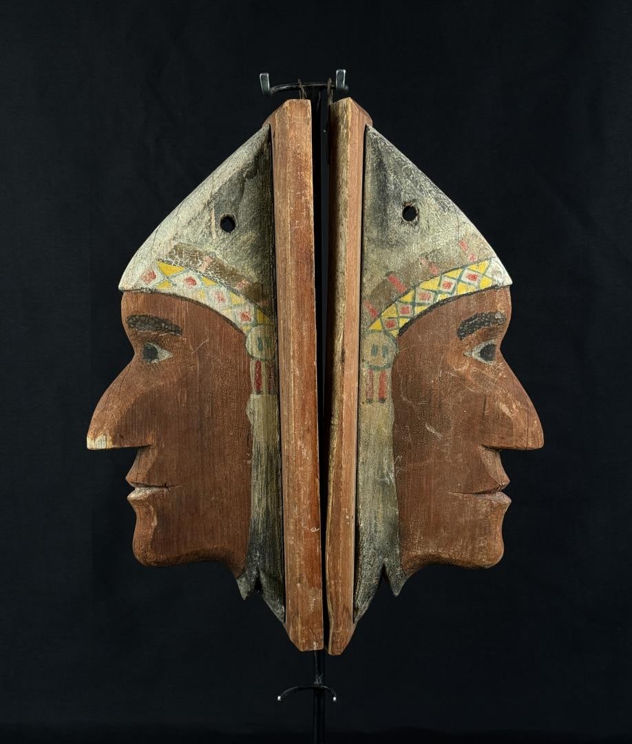Antique Folk Art Wood Indian Chief Corbels: Nice old paint. Probably hung on either side of a doorway. 13 7/8" by 5 1/2" by 3".