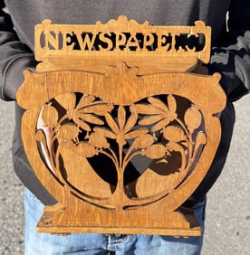 Folk Art Carved Wood Newspaper Wall Shelf