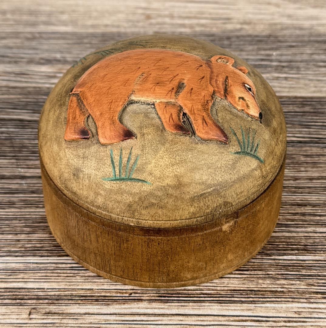 Folk Art Wood Bear Trinket Box: 3 1/2" diameter, 2 3/8" tall.
