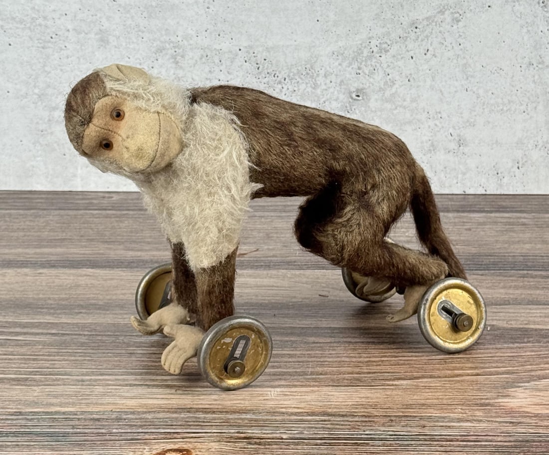 Steiff Mohair Monkey Pull Toy: 11 1/4" by 8 3/4" by 6 1/8".