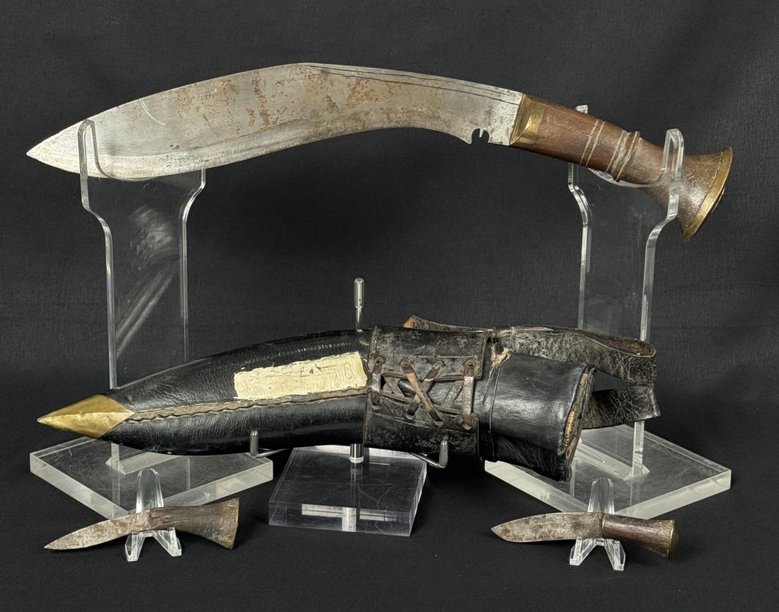 Indian Nepali Kukri Ghurka Knife: Largest knife is 15 1/2" long. Sold with Karda and Chakmak accessory knives