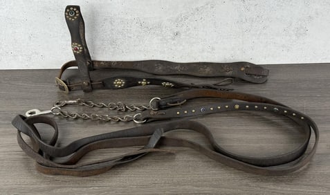 Studded Jeweled Leather Cowboy Headstall Reins