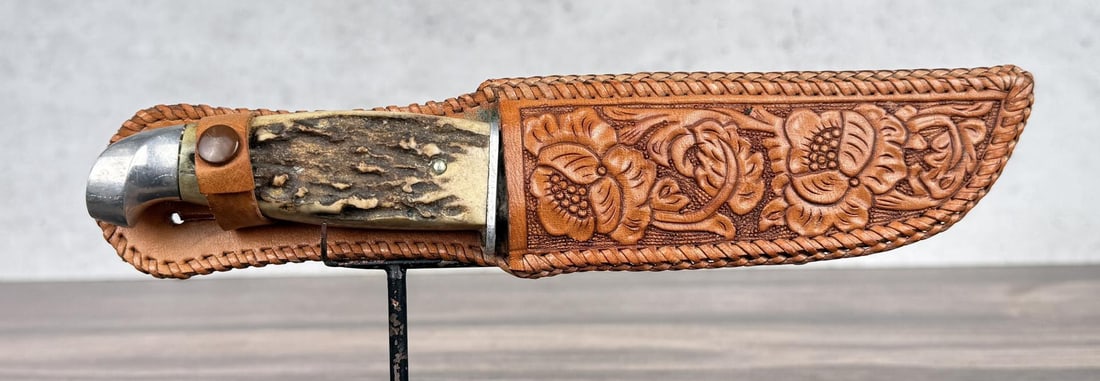 Kinfolks Stag Handle Hunting Knife: Includes nicely tooled sheath. 8 1/2" long.
