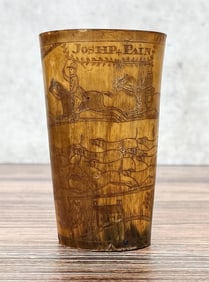 19th Century Scrimshaw Hunt Scene Horn Cup