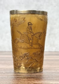 19th Century Scrimshaw Hunt Scene Horn Cup