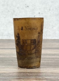 19th Century Scrimshaw Village Scene Horn Cup
