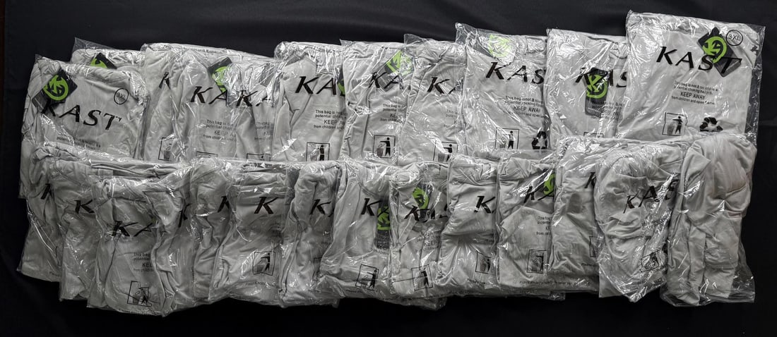 Kast Gear Fly Fishing Hooded Sun Shirts Size 3XL: 25 dead stock shirts. Grey. Size 3XL The Kast Gear Ronin Sun Shirt is made of durable fast drying material that offers UPF 50+ sun protection.