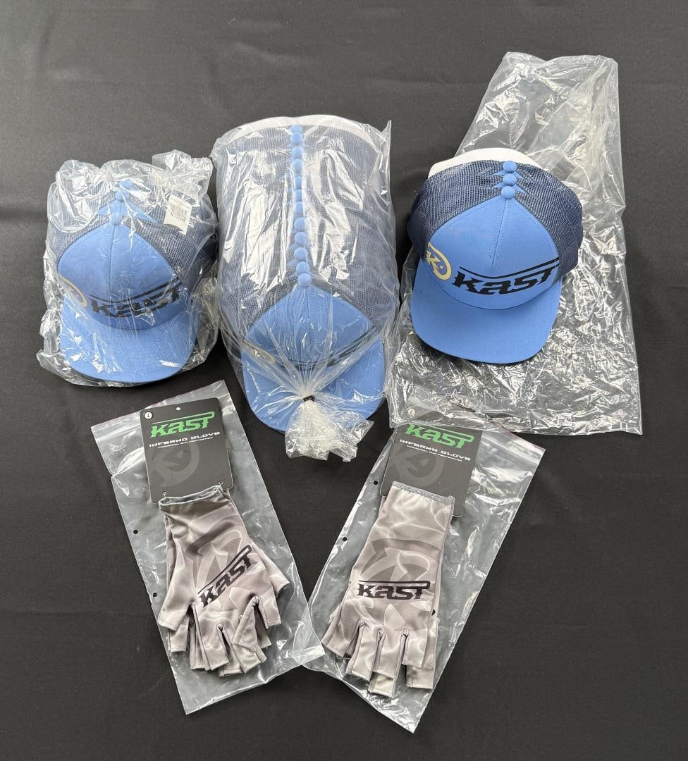 Kast Gear Adjustable Fly Fishing Caps: 18 dead stock hats and 2 pairs of Inferno fishing gloves.