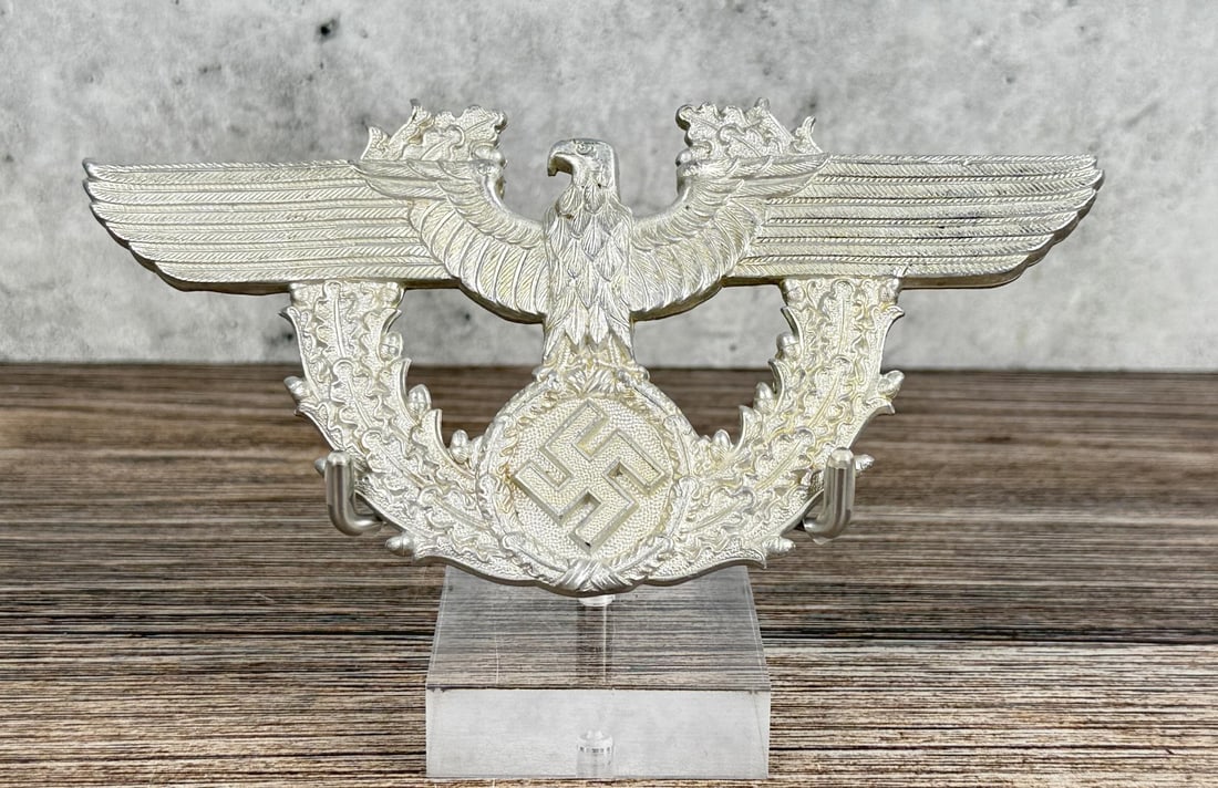 WW2 German Army Police Shako Helmet Plate: Officers grade, 6 1/4" wide by 3 1/8" tall.
