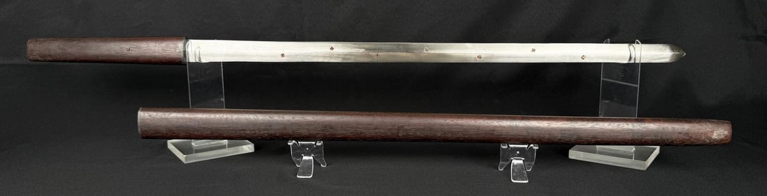 Antique Japanese Tsurugi Ken Ritual Samurai Sword: 38" long with handle. Exceptionally unusual with the inset copper roundels and the hada looks like flowing itame with possible mokume swirl.