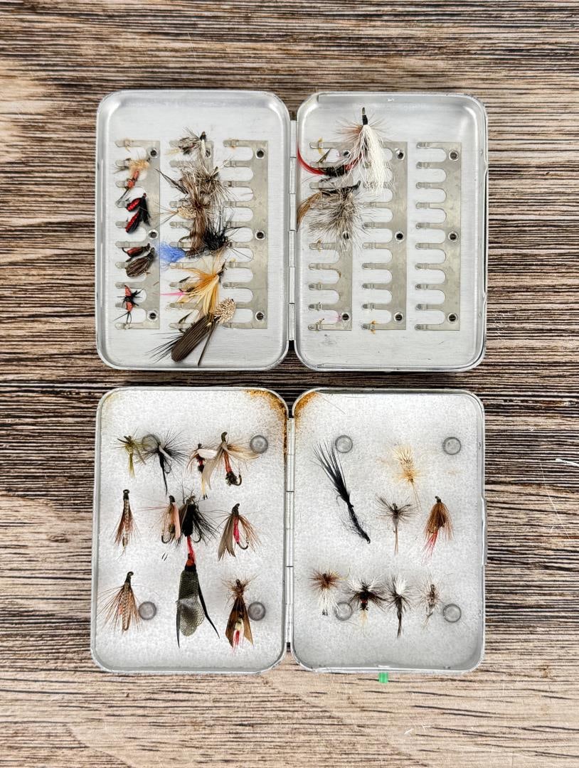 Group of Montana Trout Fishing Flies: 34 flies total. Perrine numbers 60 and 62 metal fly boxes.