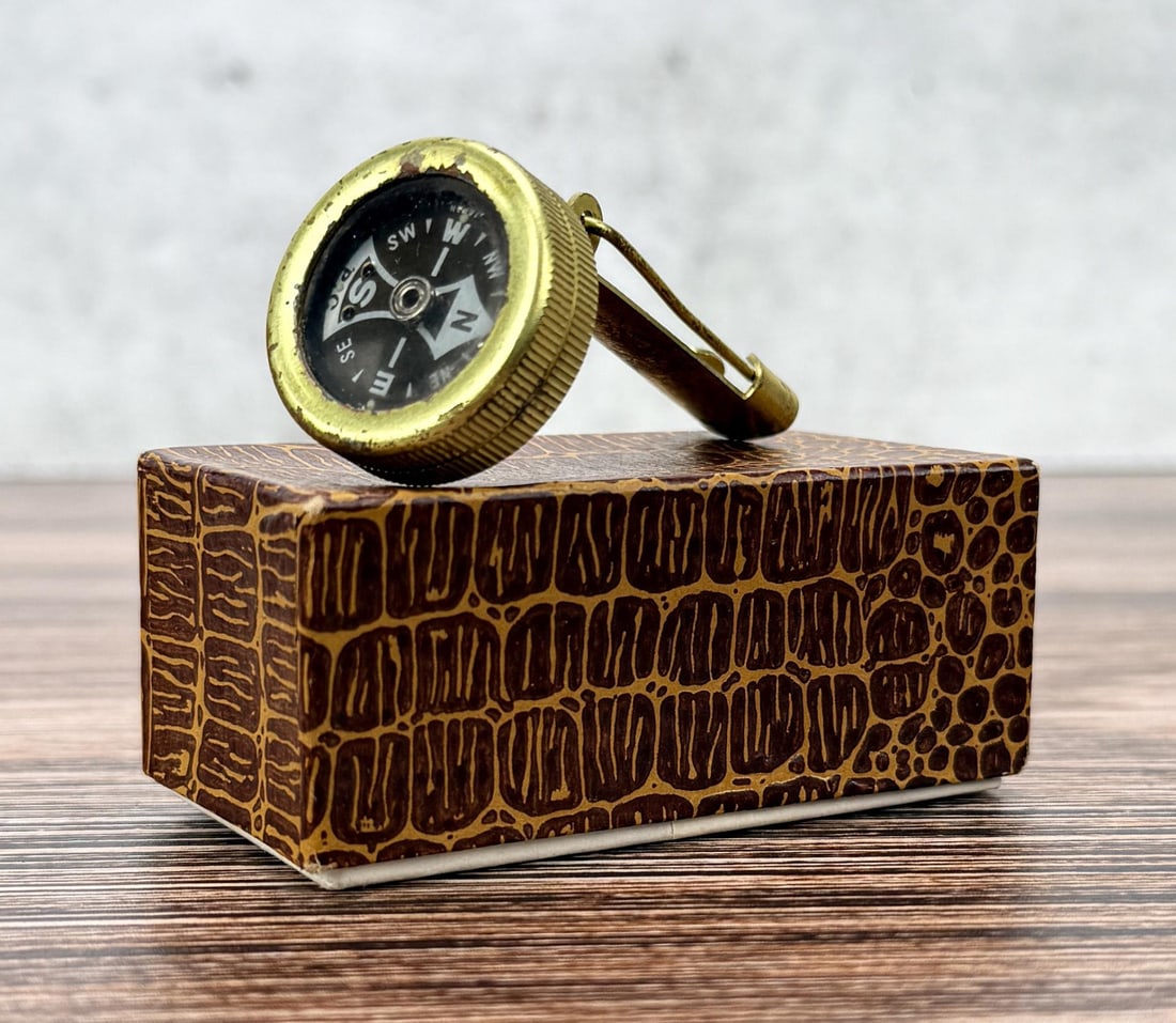 Marbles Style Pin On Brass Belt Compass: 2 5/8" tall by 1 1/4" wide.