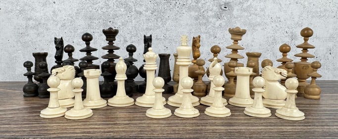 Victorian Carved Wood and Bone Chess Pieces