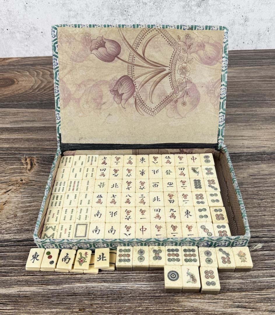 Antique Chinese Bone Mahjong Tile Set: Also includes a Tile Bracelet.