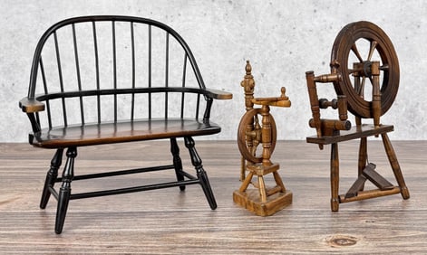Miniature Windsor Bench and Spinning Wheels