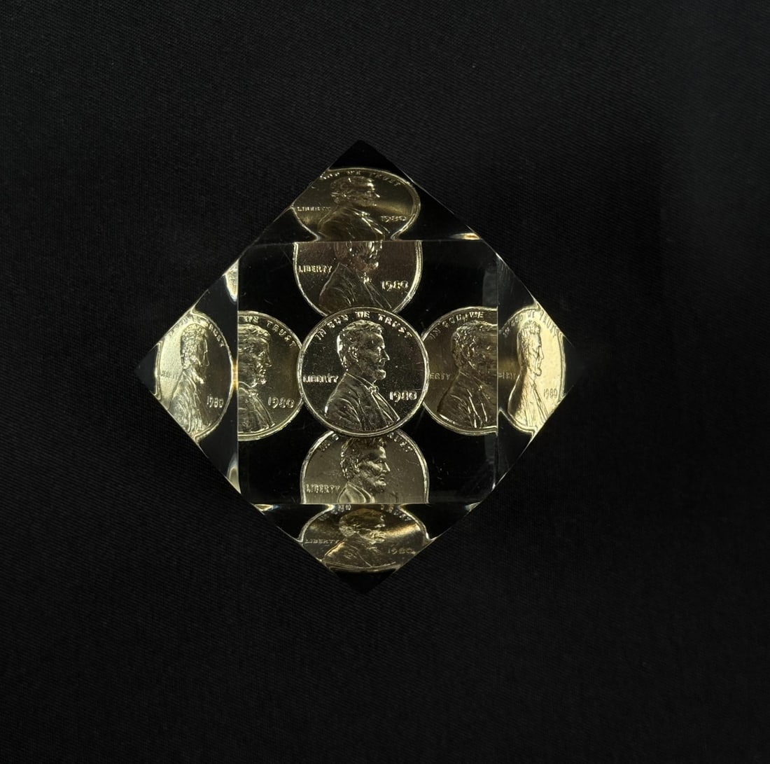 Lucite Lincoln Penny Paperweight: 2 5/8" by 2 1/4" by 2 1/8"