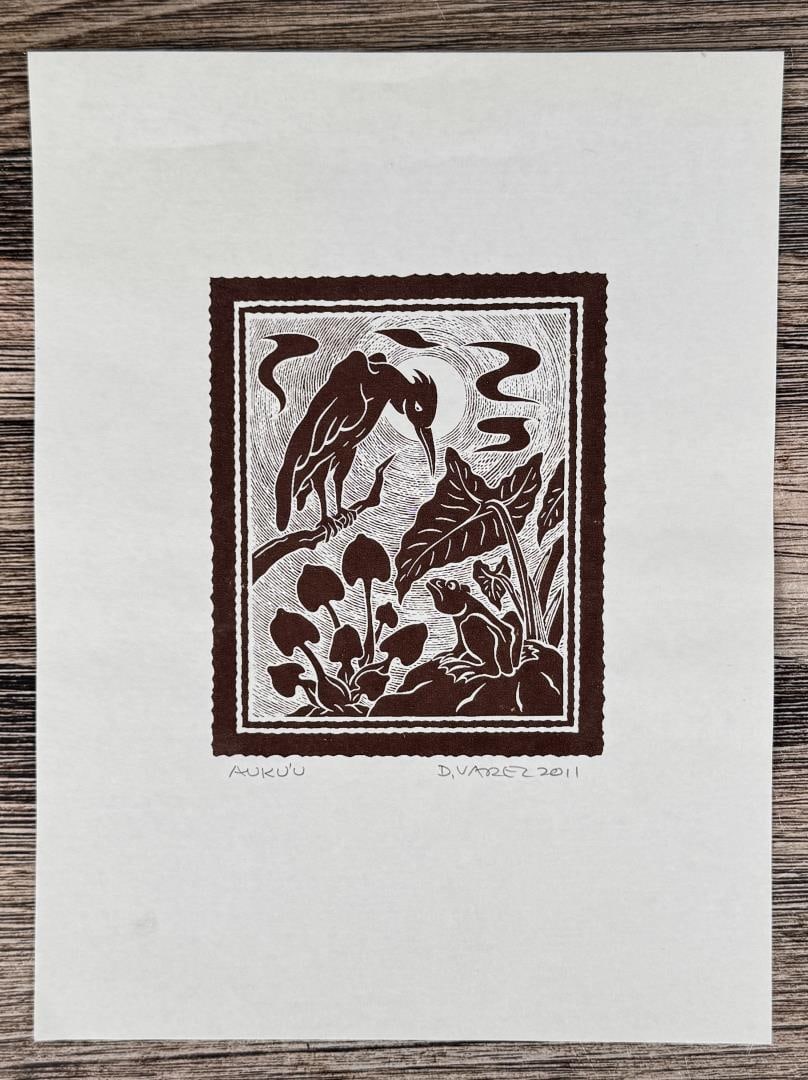 Dietrich Varez Auku'u Hawaiian Woodblock Print: Title is Auku'u. 12" by 9"