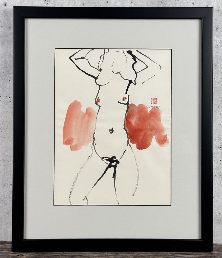 Japanese Minimalist Nude Painting: 18 1/4" by 15" framed. Signed WS 94.