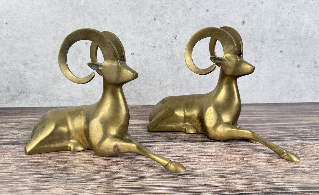 Pair Of Mid Century Brass Rams: 9" long