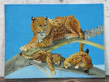 Schultz Leopard & Cubs Oil Painting