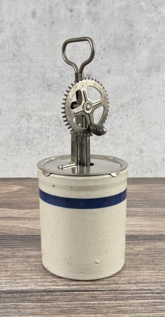 Stoneware Banded Beater Jar: 11 1/4" tall overall by 4 1/2" in diameter.