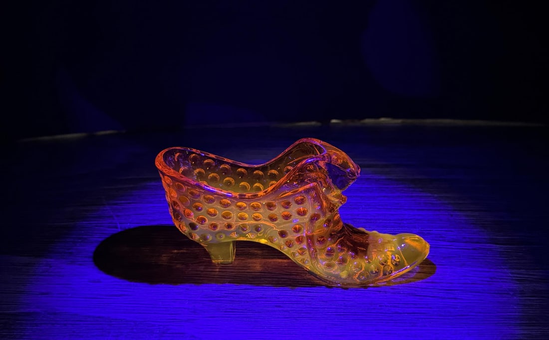 Fenton Cadmium Glass Hobnail Shoe: 5 3/4" by 2 3/4" by 1 5/8"
