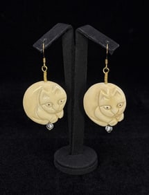 Carved Nut Cat Earrings
