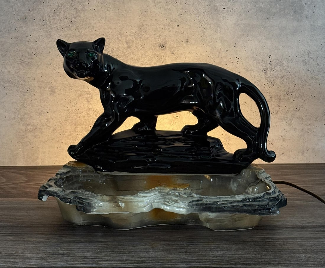 1959 Lane & Co Panther Television TV Lamp: Working Condition. 13 3/4" by 10 1/8" by 8 1/2". Corner chip as shown.