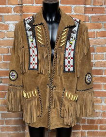 Suede Leather Fringe Beaded Jacket Coat