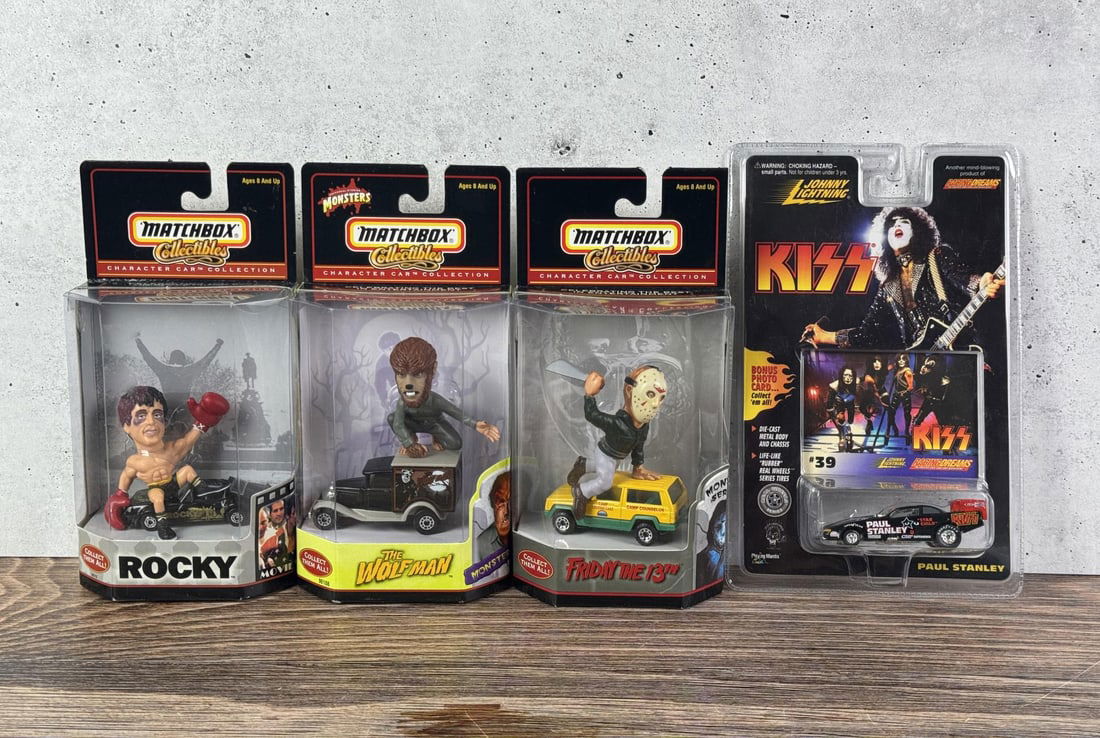 Matchbox Character Car Collection Johnny Lightning: Rocky, The Wolfman, Friday the 13th, Kiss.