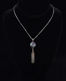 Zuni Inlaid Sterling Silver Feather Necklace